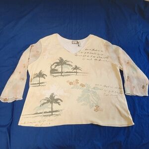 Caribbean Joe Women's Top Sz 2X Tropical Print Embellished Sheer Sleeves EUC